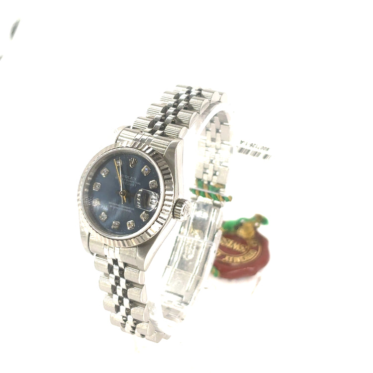 Women’s Stainless Steel Rolex DateJust Blue Dial Diamond Dot 26mm Watch