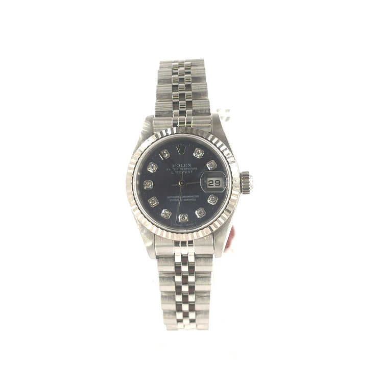 Women’s Stainless Steel Rolex DateJust Blue Dial Diamond Dot 26mm Watch