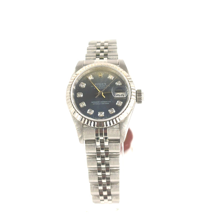 Women’s Stainless Steel Rolex DateJust Blue Dial Diamond Dot 26mm Watch