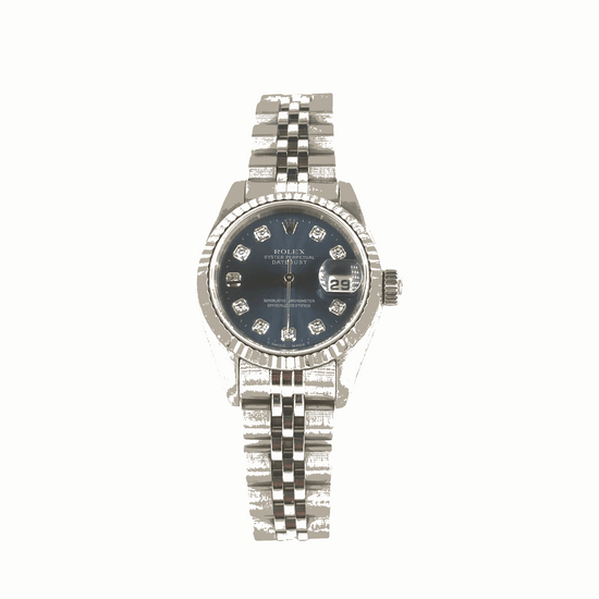 Women’s Stainless Steel Rolex DateJust Blue Dial Diamond Dot 26mm Watch