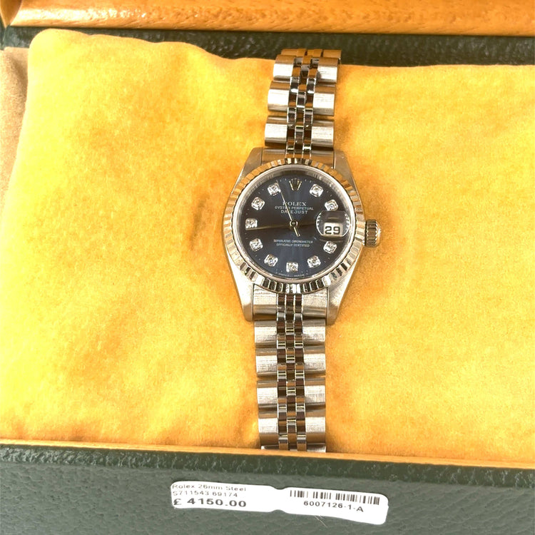 Women’s Stainless Steel Rolex DateJust Blue Dial Diamond Dot 26mm Watch