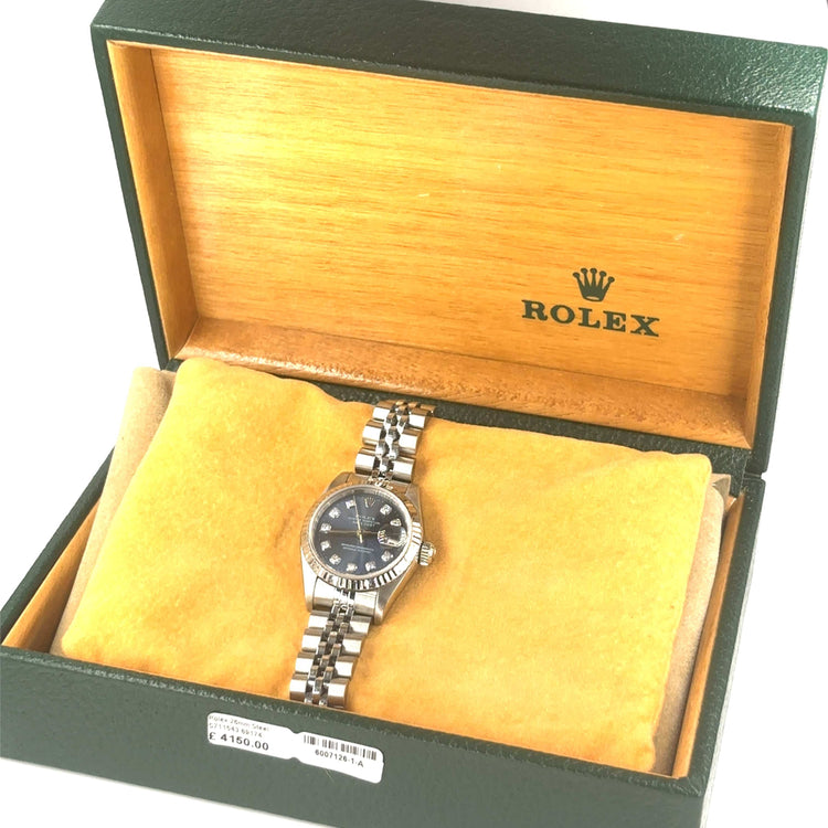 Women’s Stainless Steel Rolex DateJust Blue Dial Diamond Dot 26mm Watch