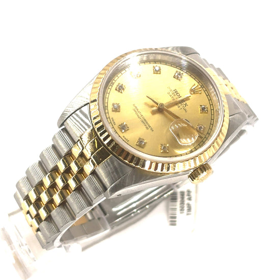 Men’s 18ct Yellow Gold & Oyster Steel Rolex Datejust 36mm Watch - Champagne Dial Diamond Dot