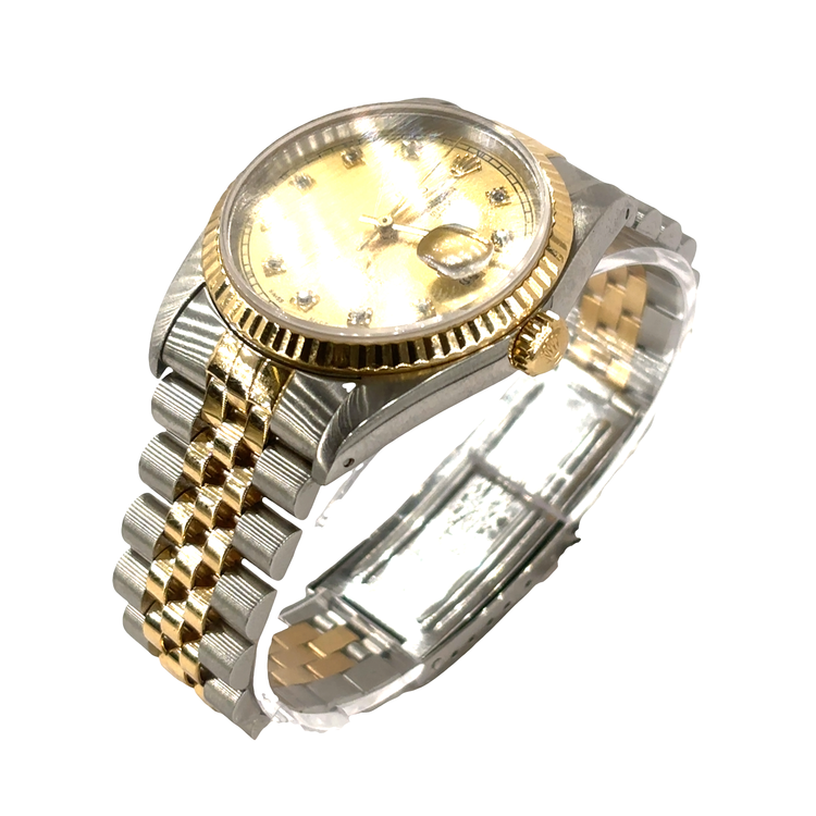 Men’s 18ct Yellow Gold & Oyster Steel Rolex Datejust 36mm Watch - Champagne Dial Diamond Dot