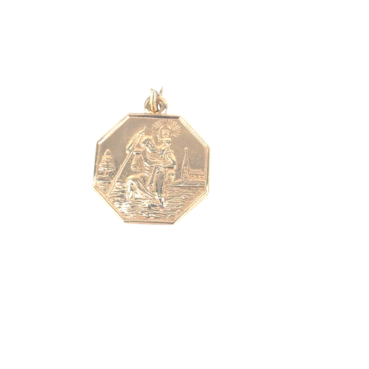Women’s 9ct Yellow Gold Saint Christopher Octagonal Pendant-2.5g 1.5cm