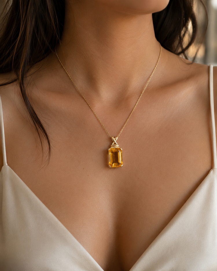 Emerald-Cut Citrine Solitaire Pendant in 9ct Yellow Gold 5.3g