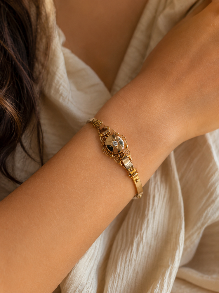 15ct Rose  Gold Filigree Diamond Starburst Bangle