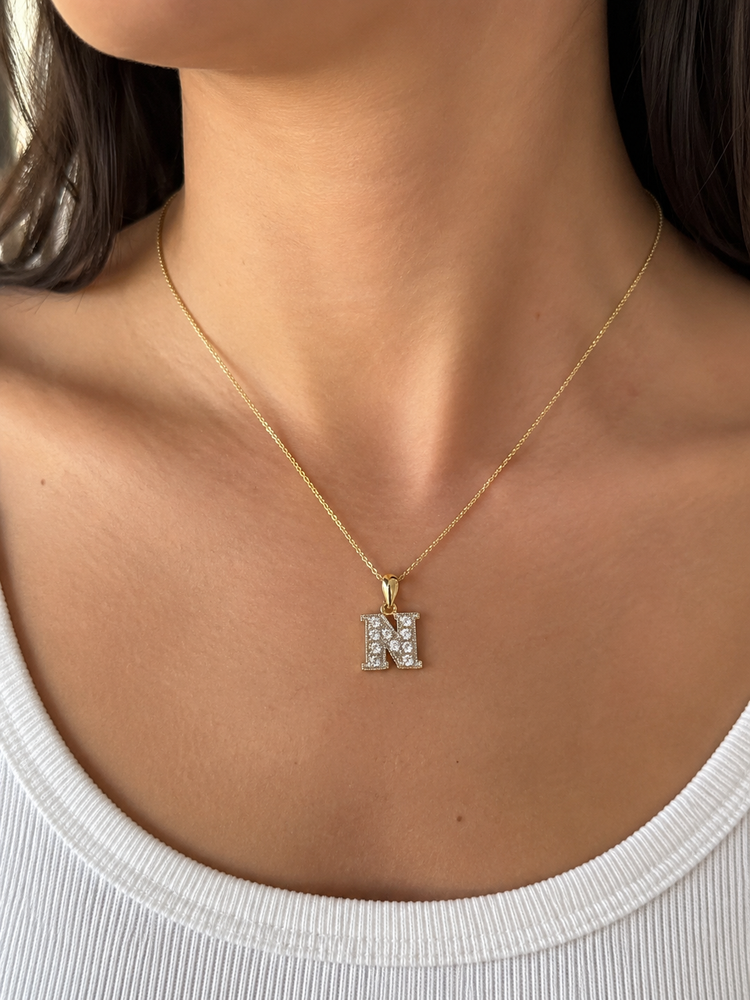 CZ Initial 'N' Pendant in 9Ct Yellow Gold
