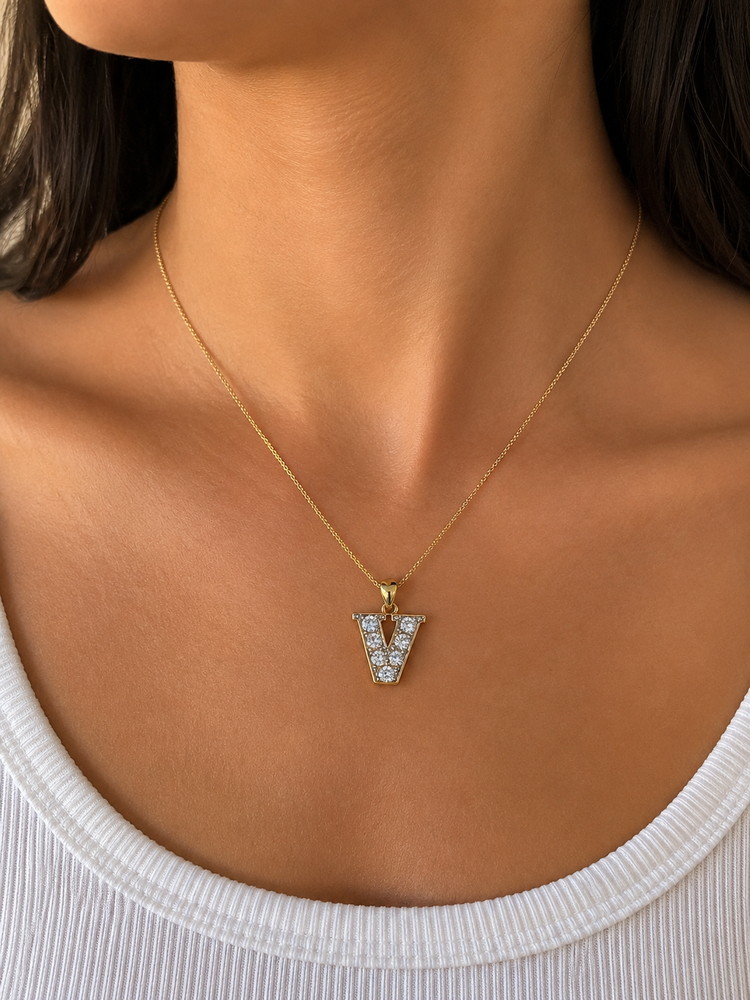 CZ Initial 'V' Pendant in Yellow Gold