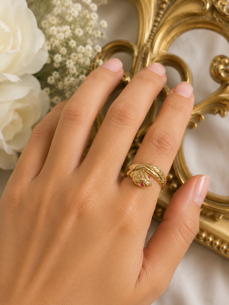 9ct Yellow Gold Textured Snake Ring with Ruby Eye
