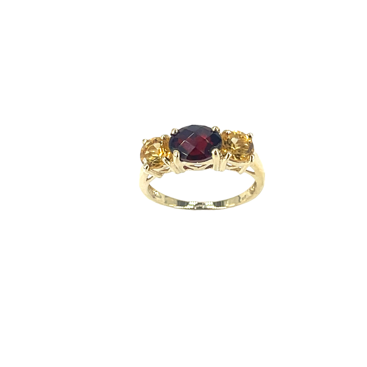 9ct Yellow Gold Garnet and Yellow Gemstone Three-Stone Ring 2.9g