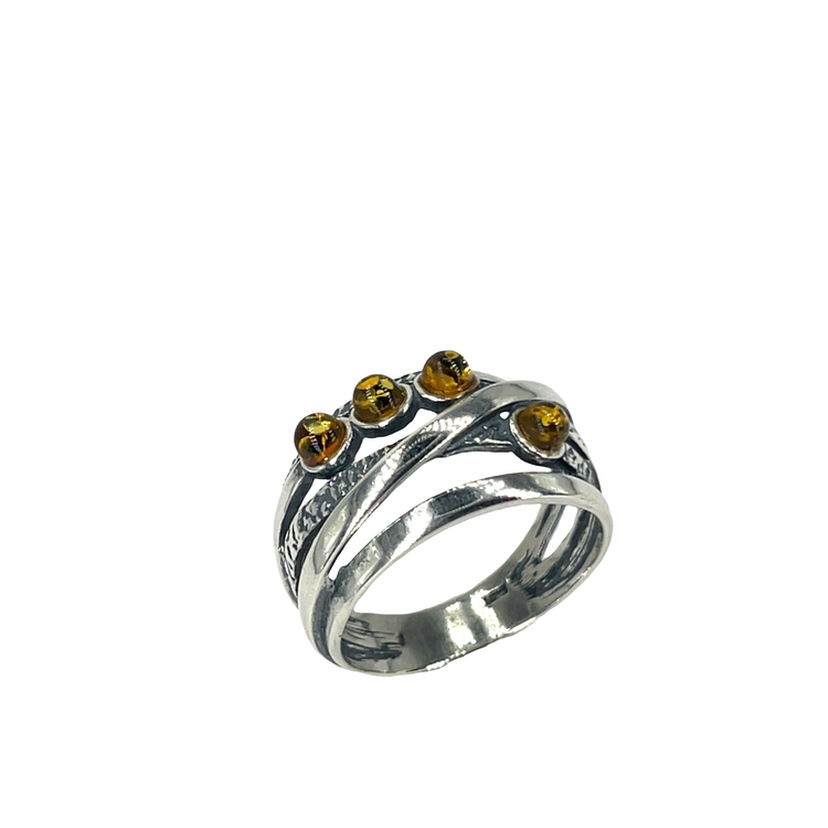 Textured Silver Crossover Ring with Amber Cabochons
