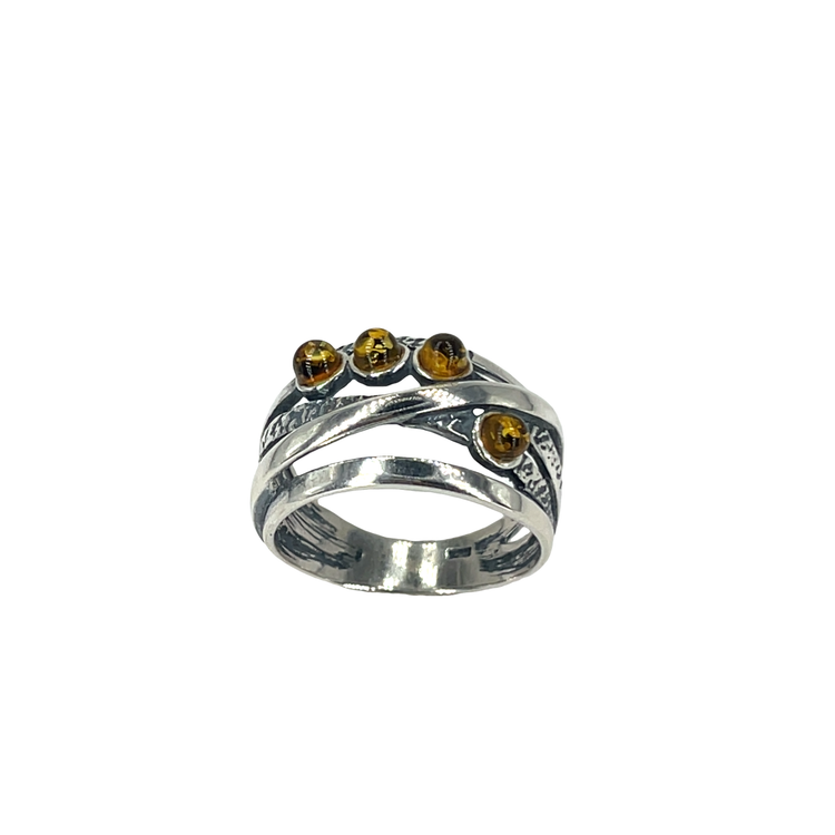 Textured Silver Crossover Ring with Amber Cabochons