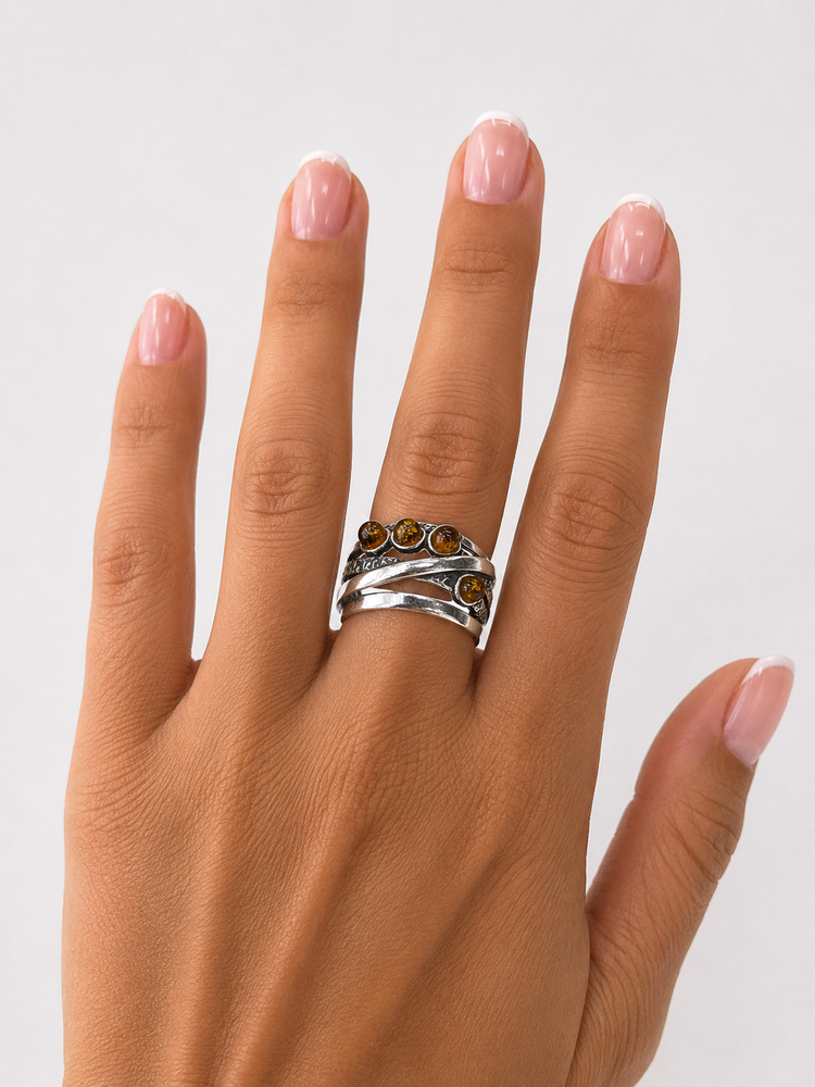 Textured Silver Crossover Ring with Amber Cabochons