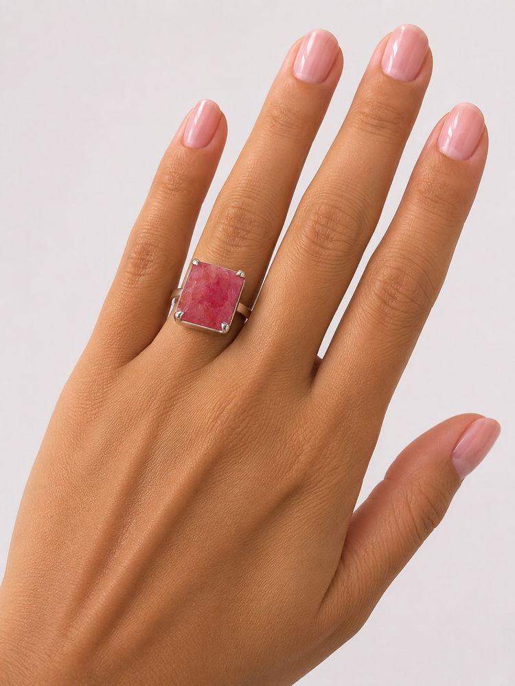 Rectangular Red Ruby Solitaire Ring — Sterling Silver