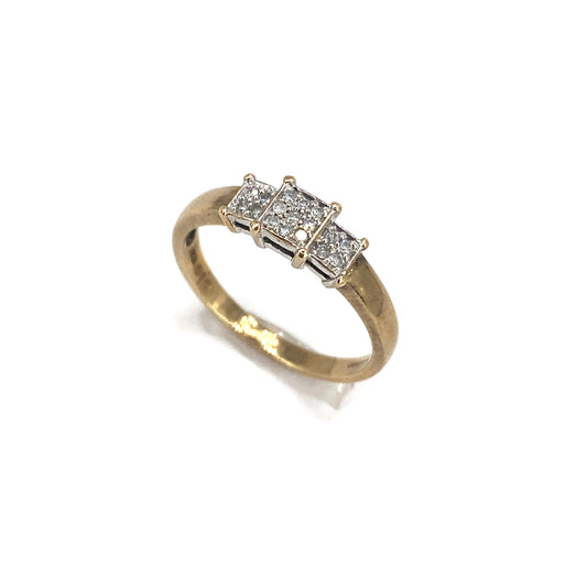 Women’s 9ct Yellow Gold Square Trilogy Diamond Cluster Ring-0.20ct