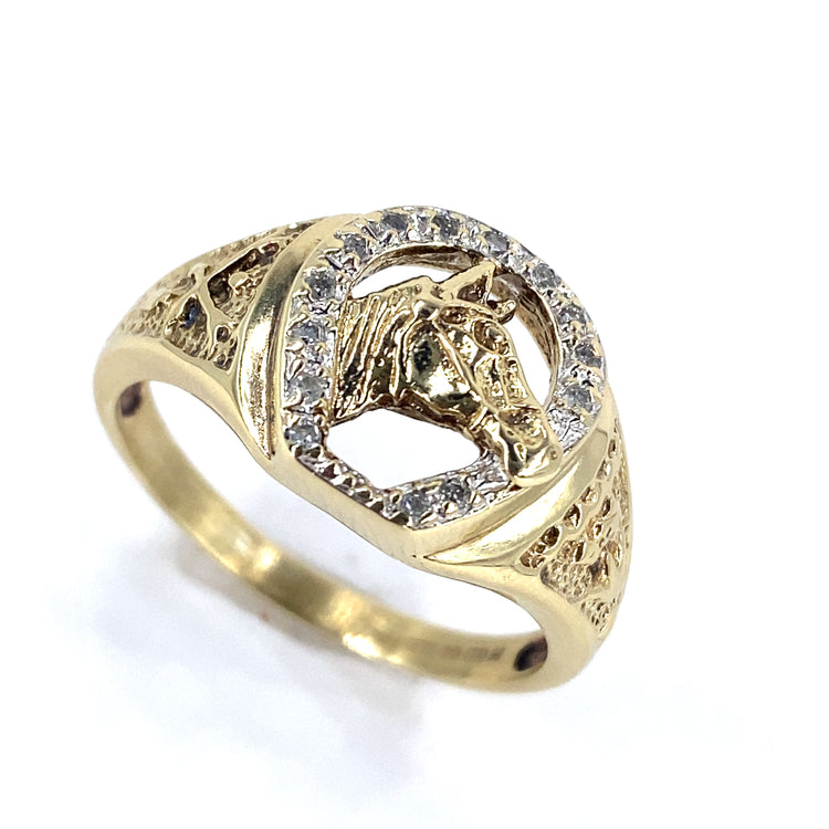 Men’s 9ct Yellow Gold Horse Shoe Ring - 0.15ct