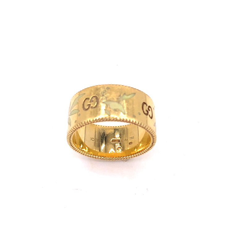 Unisex 18ct Yellow Gold Gucci Icon Blooms Enamel Ring - 11.1g