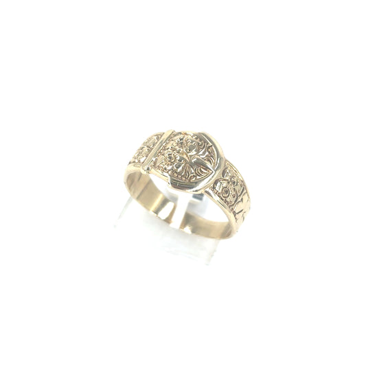 Men’s 9ct Yellow Gold Engraved Belt Buckle Ring -6.2g