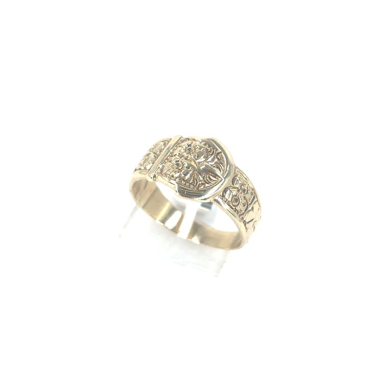 Men’s 9ct Yellow Gold Engraved Belt Buckle Ring -6.2g