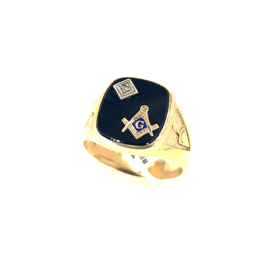 Men’s 9ct Yellow Gold Onyx Diamond Masonic Ring - 8g U