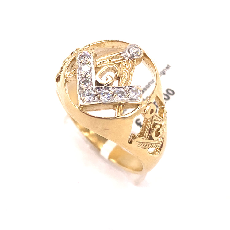 Men’s 9ct Yellow Gold CZ Masonic Signet Ring - 6.4g Size V