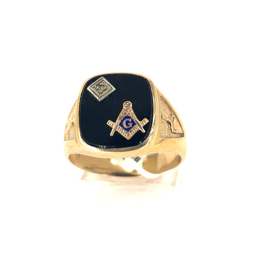 Men’s 9ct Yellow Gold Onyx Diamond Masonic Ring - 8g U