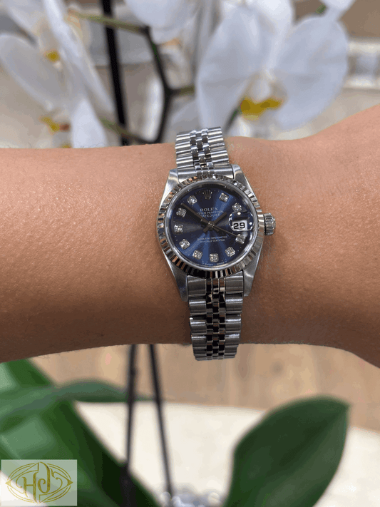 Women’s Stainless Steel Rolex DateJust Blue Dial Diamond Dot 26mm Watch