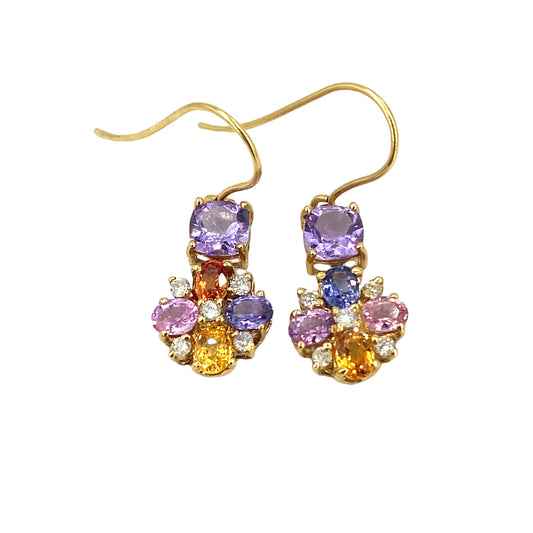 Women’s 18ct Yellow Gold Handmade Multicoloured Sapphire and Diamond Flower Drop Stud Earrings