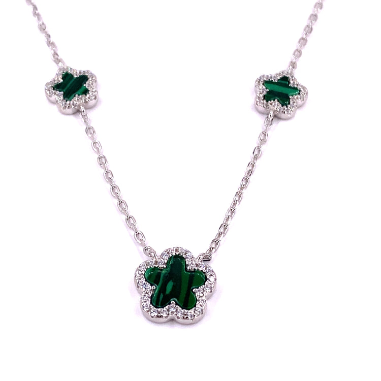 Women’s 925 Sterling Silver Malachite Five ‘Bloom’ Necklace Cz Set