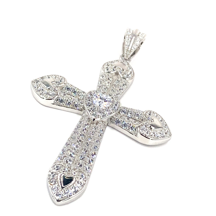 Women’s 925 Sterling Silver Heart Cross Pendant - CZ Set Medium