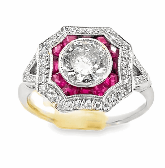 Women’s Platinum Ruby & Diamond Art Deco Style Cocktail Ring - 1.50ct