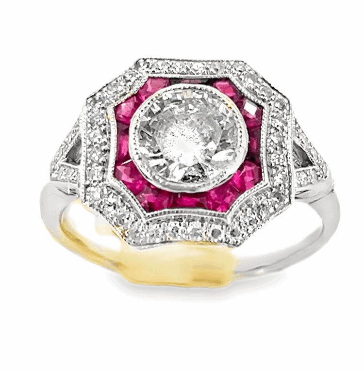 Women’s Platinum Ruby & Diamond Art Deco Style Cocktail Ring - 1.50ct