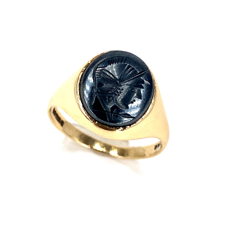 Men’s 9ct Yellow Gold Engraved Hematite Ring -4.8g