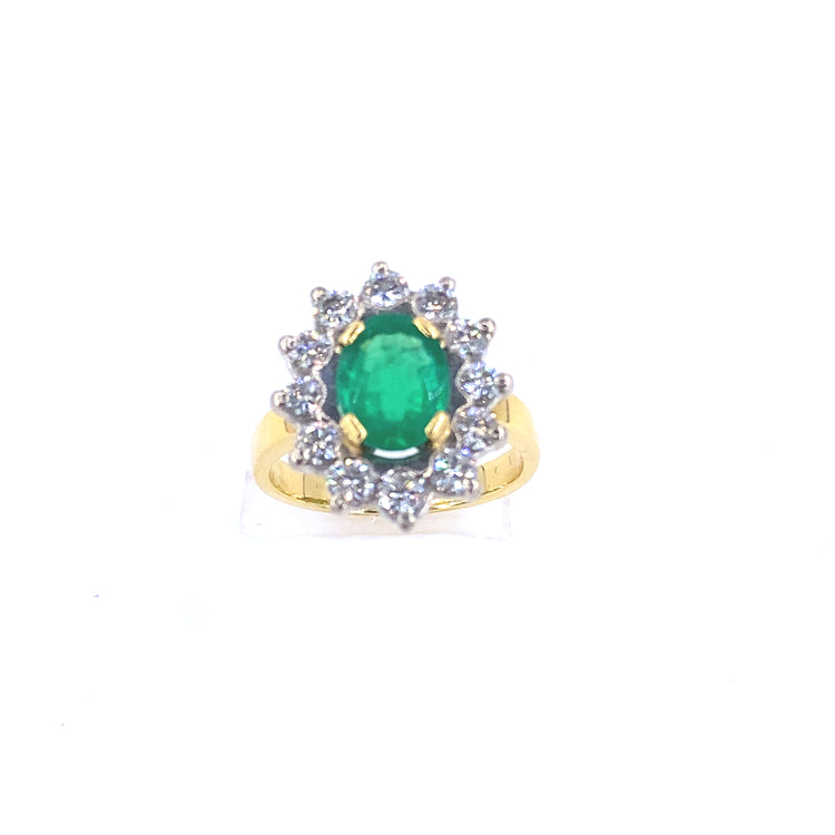 Women’s 18ct Yellow Gold Diamond Emerald Cocktail Flower Ring - 1.20ct