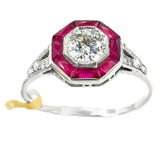 Women’s Platinum Ruby Diamond Art Deco Styled Cocktail Ring - 1.00ct