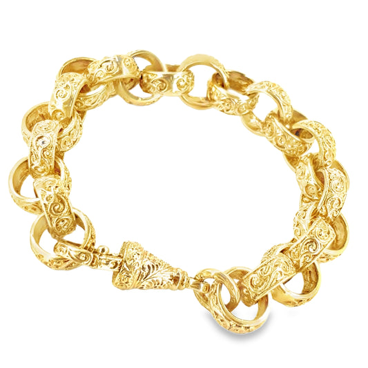 Men’s 9ct Yellow Gold Engraved Belcher Bracelet - 58.6g 10”