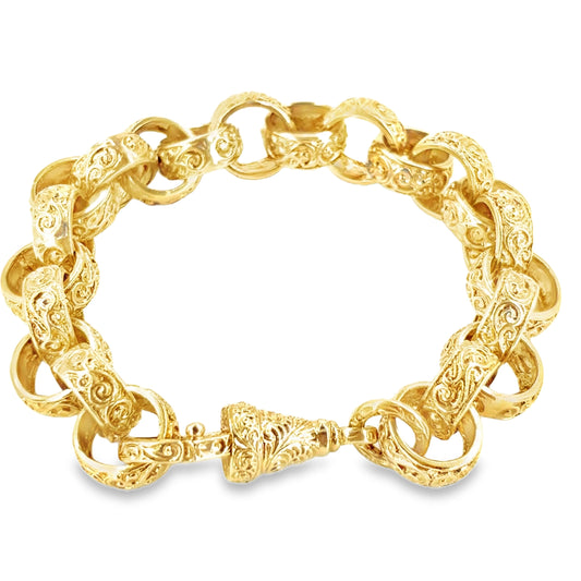 Men’s 9ct Yellow Gold Engraved Belcher Bracelet - 58.6g 10”