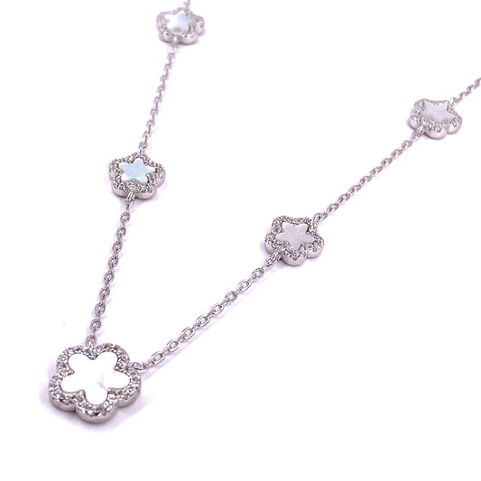 Women’s 925 Sterling Silver Mother Pearl Five ‘Bloom’ Necklace Cz Set