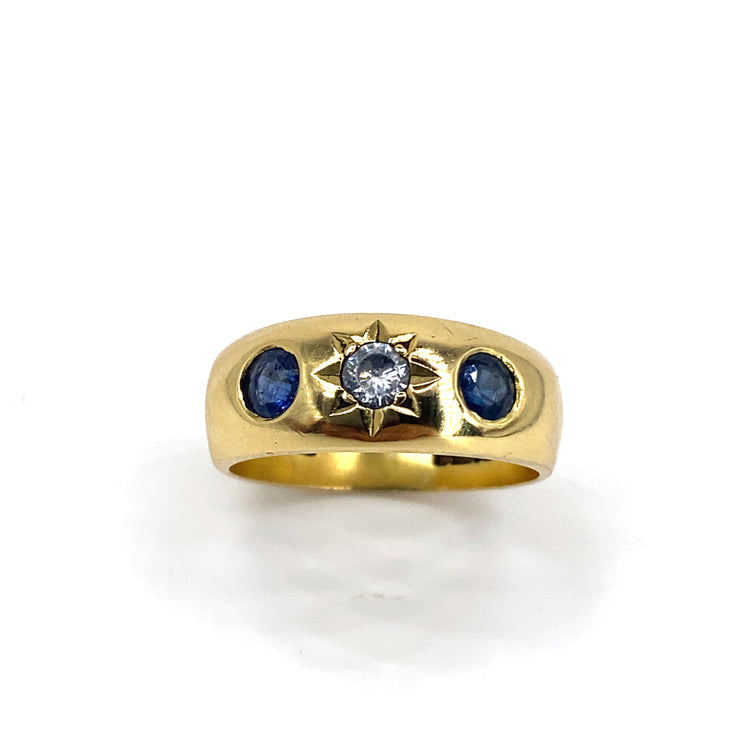 Unisex 18ct Yellow Gold Vintage Sapphire Diamond Trilogy Ring