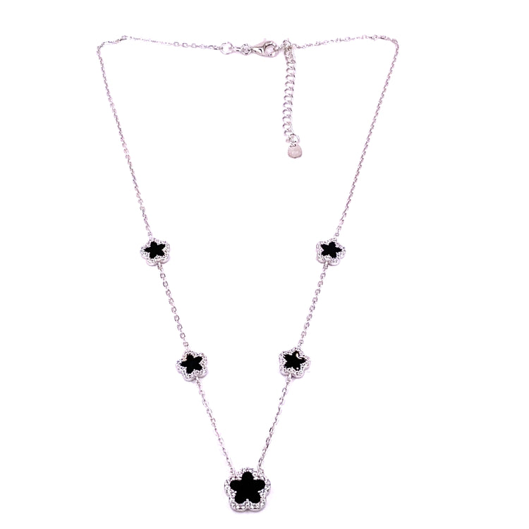 Women’s 925 Sterling Silver Onyx Five ‘Bloom’ Necklace - Cz Set