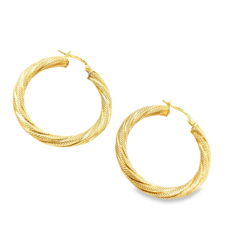 Womens 9ct Yellow Gold Brushed Twist Hoop Earrings - 2.9g