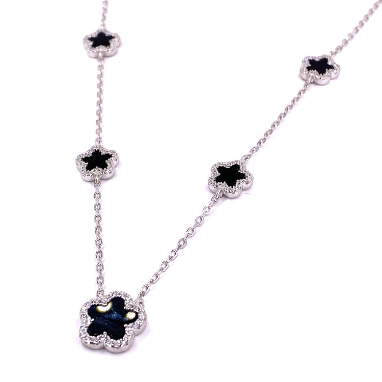 Women’s 925 Sterling Silver Onyx Five ‘Bloom’ Necklace - Cz Set