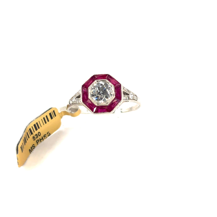 Women’s Platinum Ruby Diamond Art Deco Styled Cocktail Ring - 1.00ct