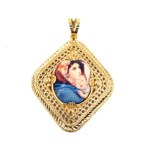 Women’s 14ct Yellow Gold “Mary & Child” Porcelain Tile Pendant