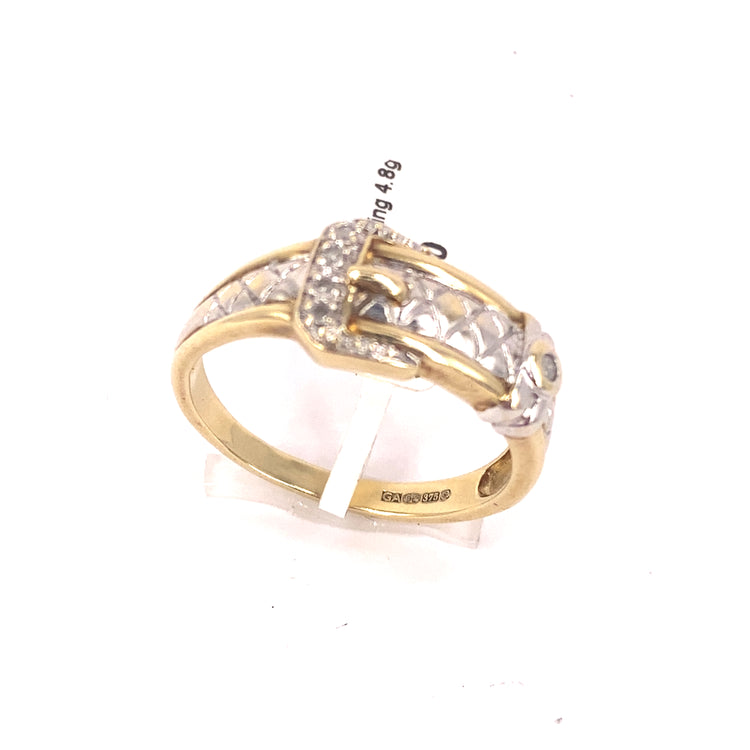 Men’s 9ct Yellow Gold Cz Buckle Ring - 4.8g Size X