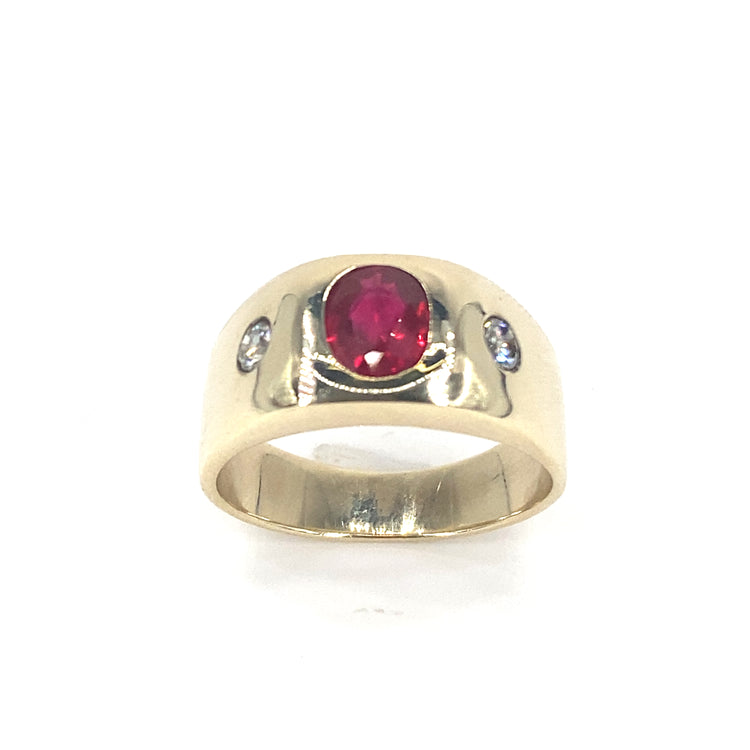 Men’s 14ct Yellow Gold Natural Ruby & Diamond Trilogy Ring