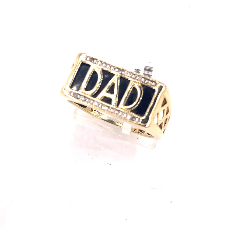 Men’s 9ct Yellow Gold Onyx Diamond DAD Ring - 3.2g Size T