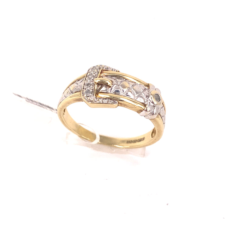 Men’s 9ct Yellow Gold Cz Buckle Ring - 4.8g Size X