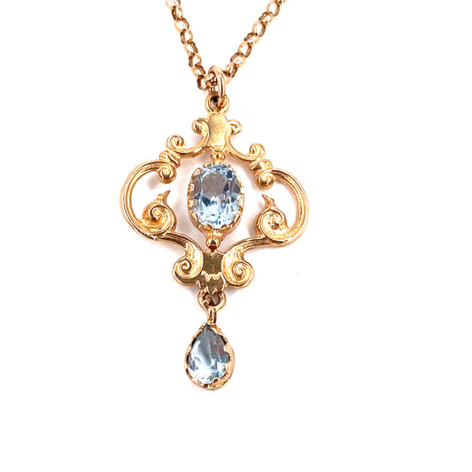 Women’s 9ct Rose Gold Aquamarine Vintage Pendant & Belcher Chain -5.8g